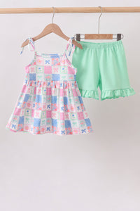 Bow Checkered Ruffle Shorts Set