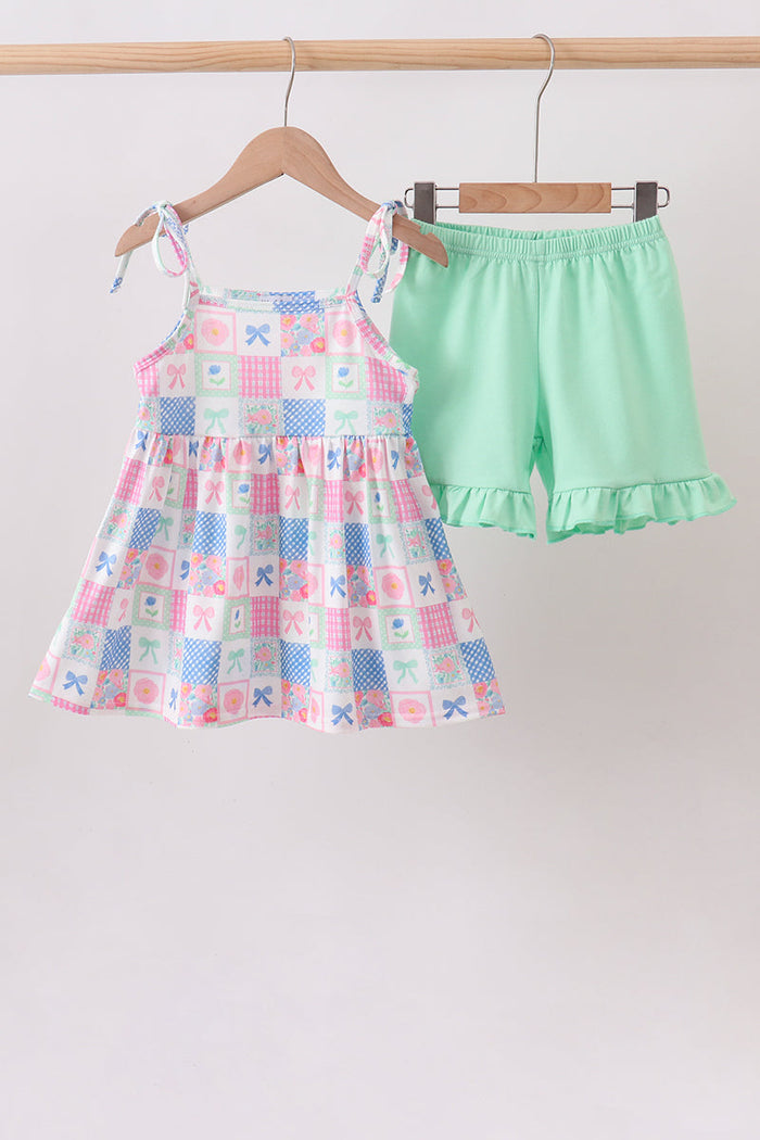 Bow Checkered Ruffle Shorts Set