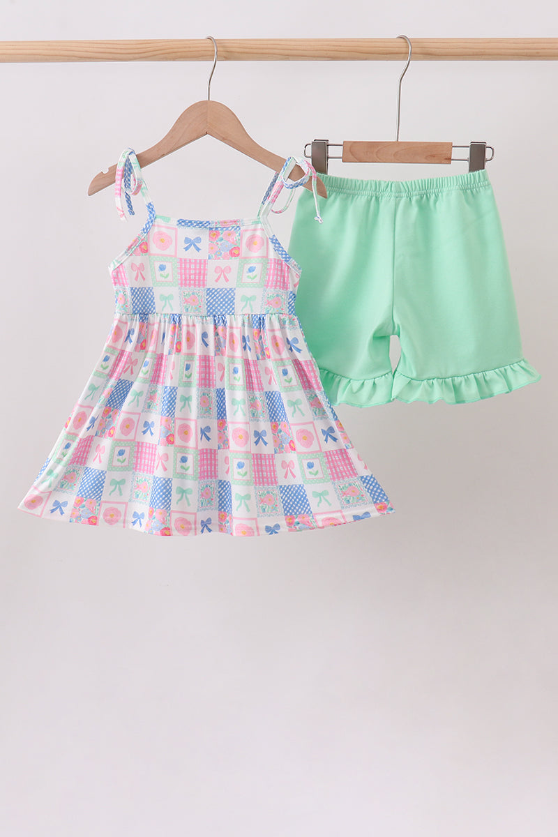 Bow Checkered Ruffle Shorts Set