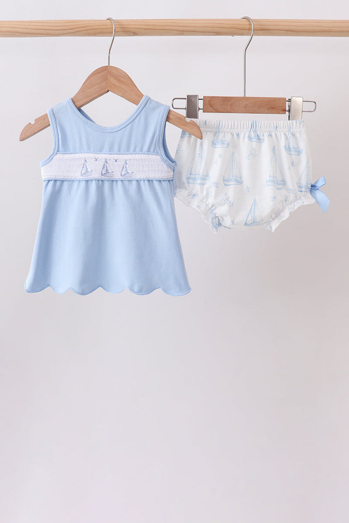 Sailboat Smocked Scalloped Bloomer Set