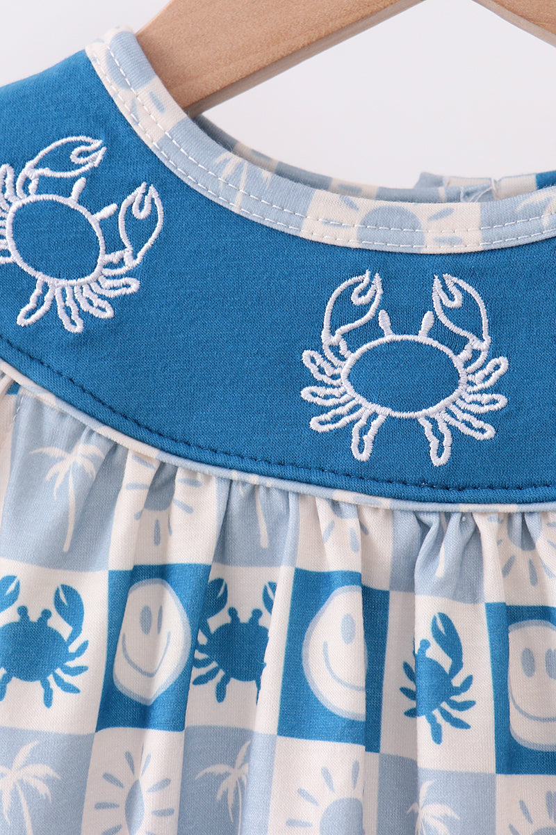 Crab Embroidered Checkered Ruffle Bubble