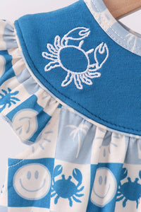 Crab Embroidered Checkered Ruffle Bubble