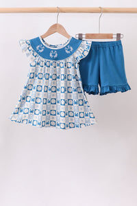 Crab Embroidered Checkered Ruffle Shorts Set
