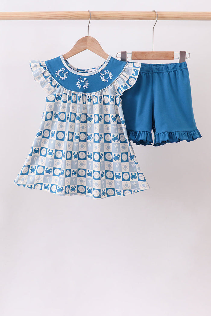 Crab Embroidered Checkered Ruffle Shorts Set