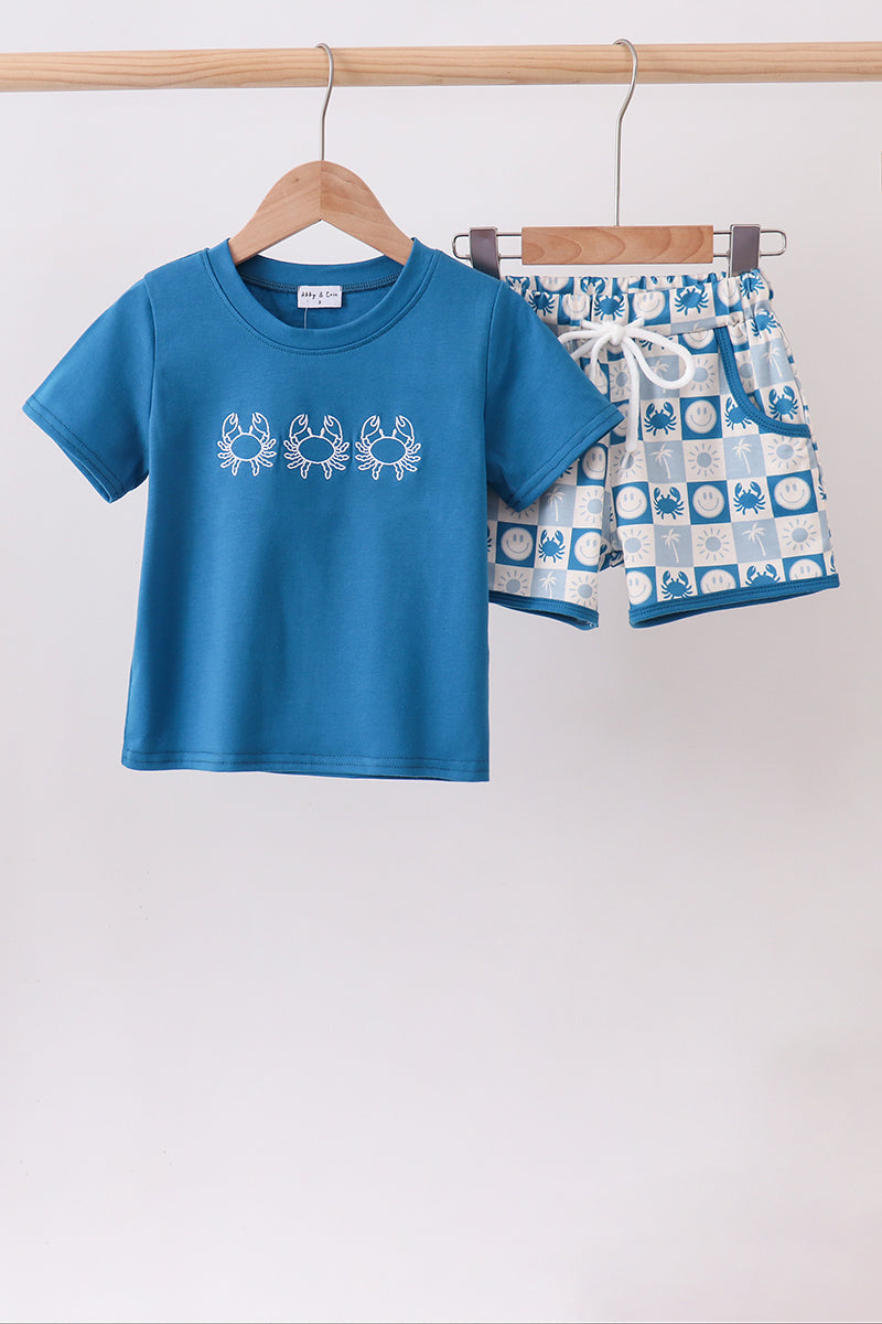 Crab Embroidered Checkered Shorts Set