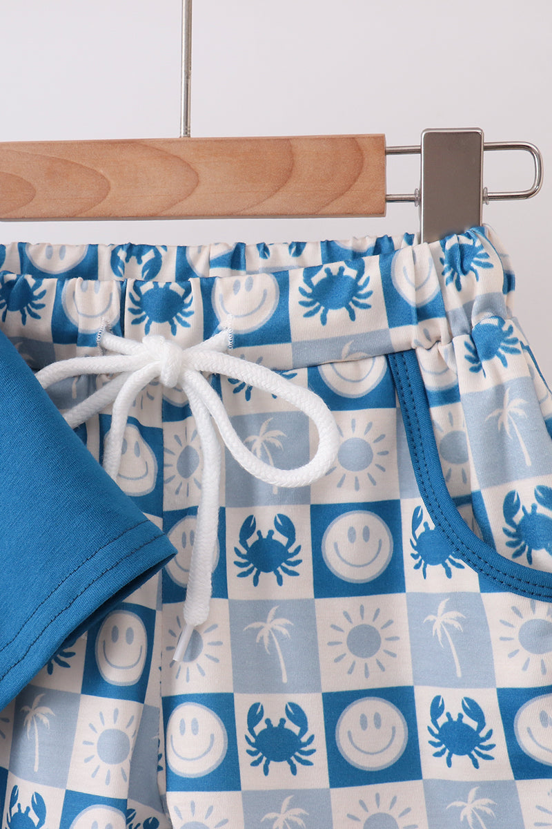 Crab Embroidered Checkered Shorts Set