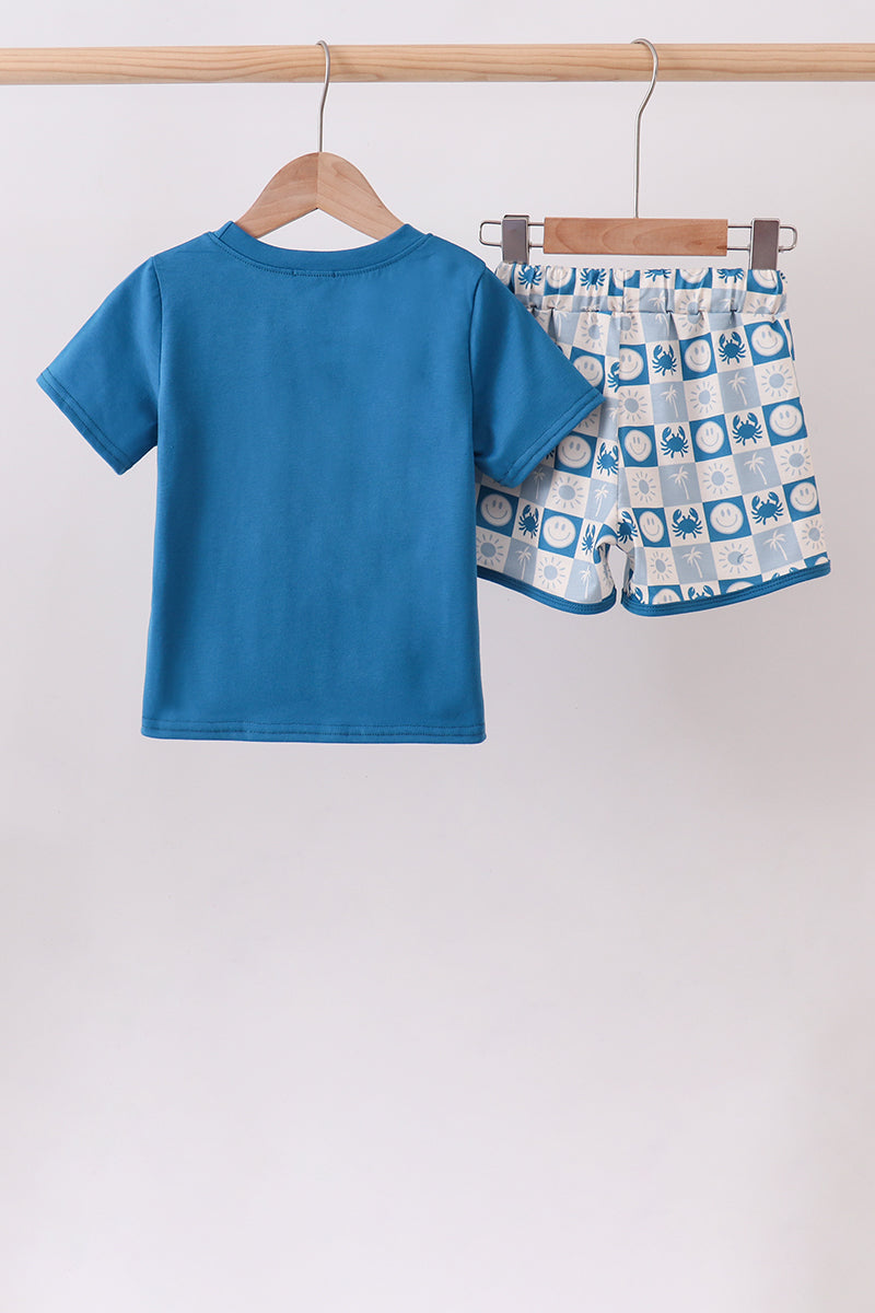 Crab Embroidered Checkered Shorts Set