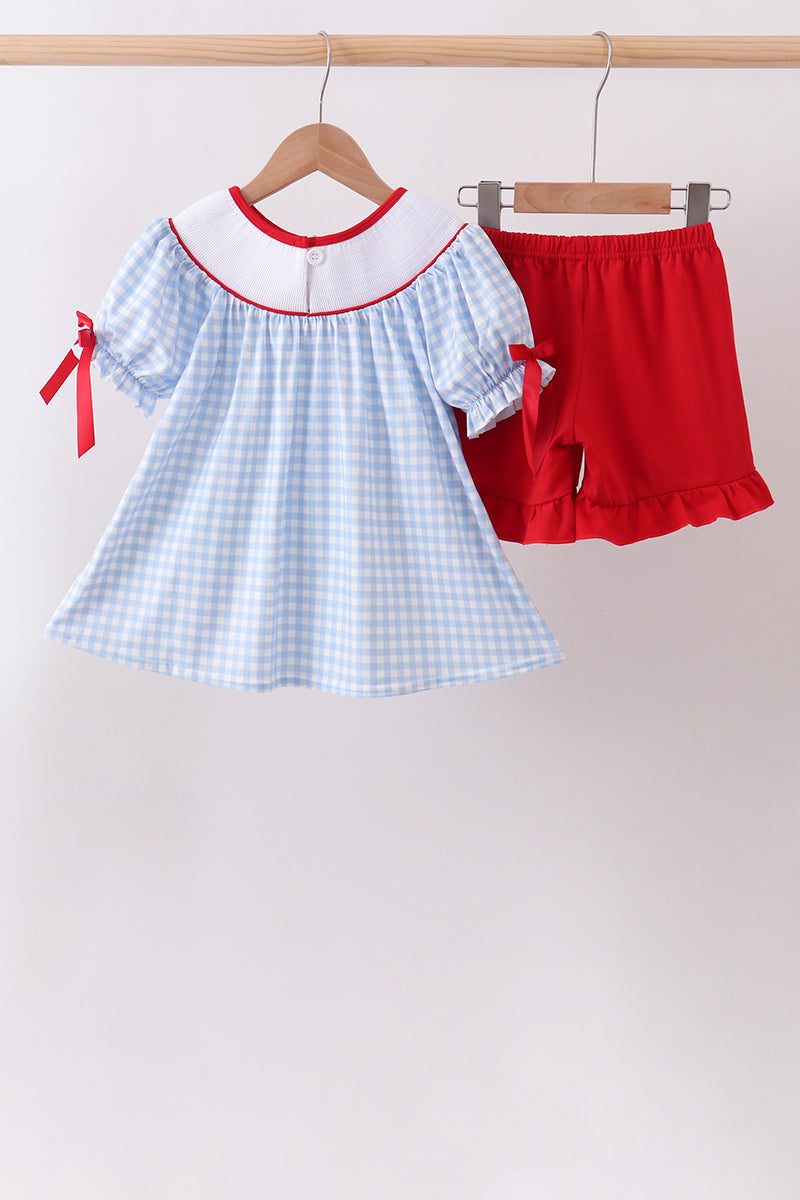 School Bus Smocked Gingham Ruffle Shorts Set