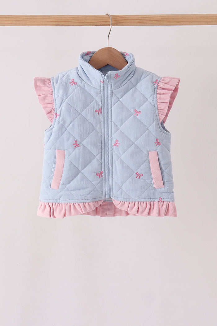 Blue corduroy bow embroidery ruffle vest