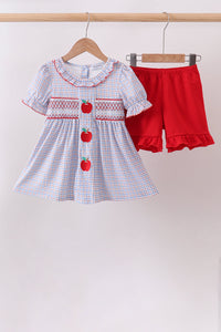 Apple Embroidered Plaid Ruffle Shorts Set
