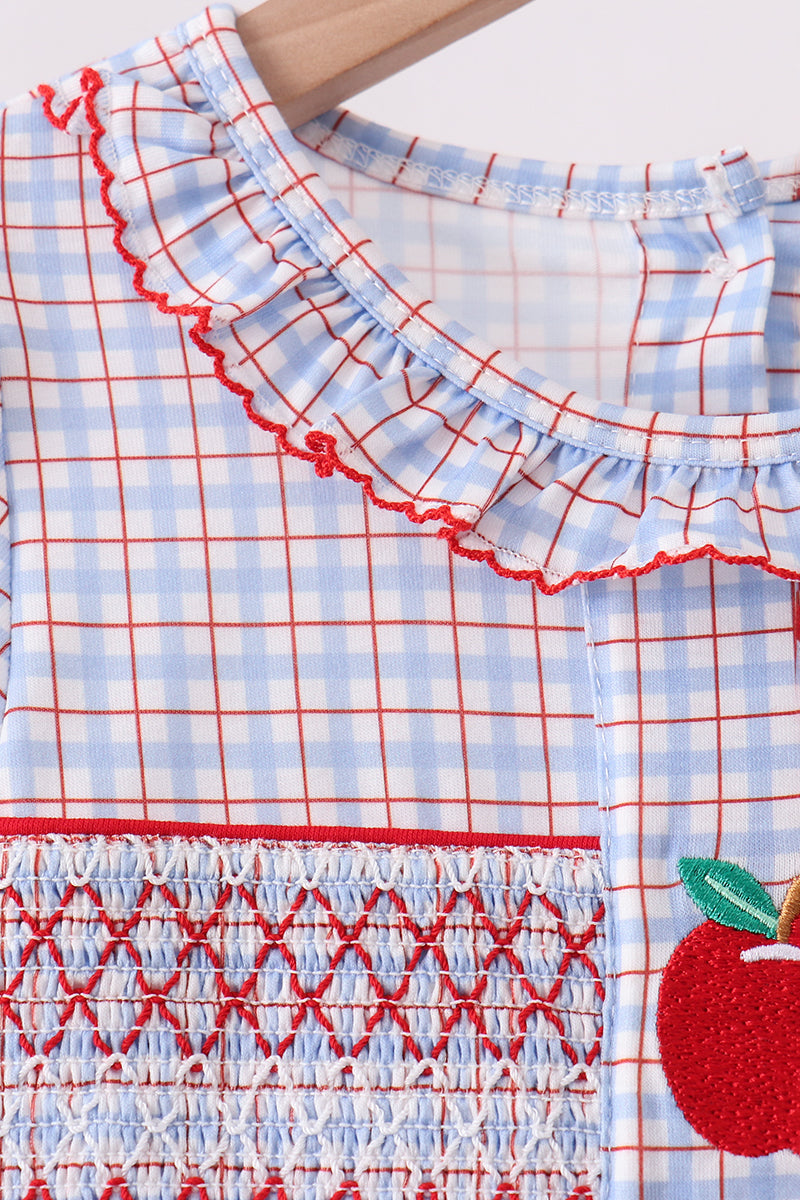 Apple Embroidered Plaid Ruffle Shorts Set