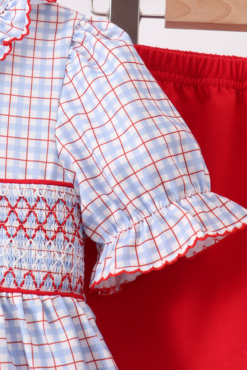 Apple Embroidered Plaid Ruffle Shorts Set