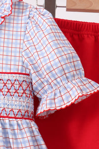 Apple Embroidered Plaid Ruffle Shorts Set