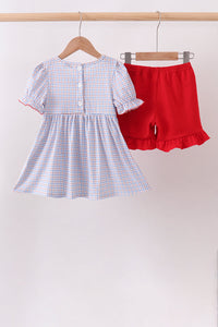 Apple Embroidered Plaid Ruffle Shorts Set