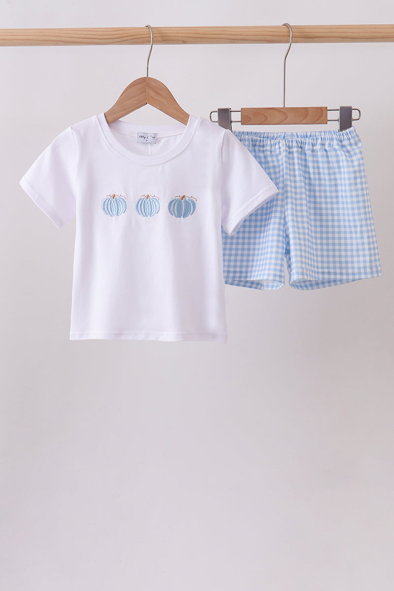 Pumpkin Embroidered Gingham Shorts Set