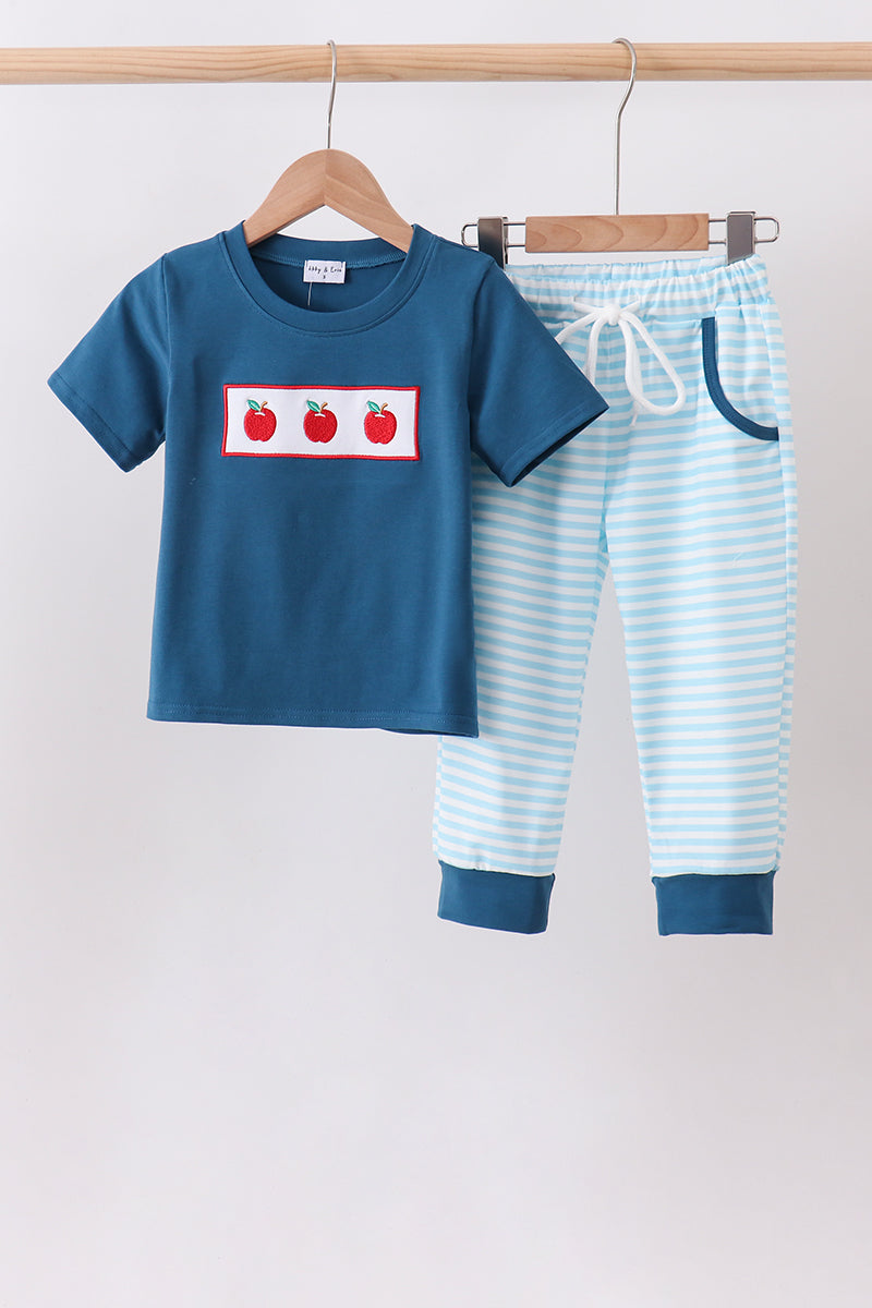 Apple Embroidered Stripe Pants Set