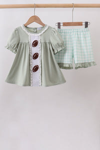 Football french knot gingham ruffle shorts set