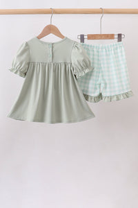 Football french knot gingham ruffle shorts set