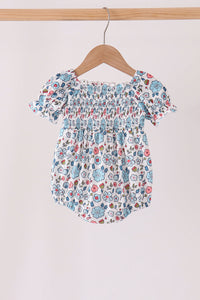 Blue floral smocked ruffle bubble