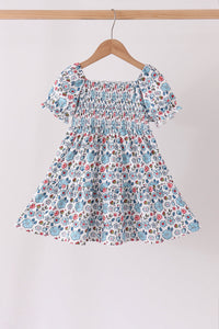 Blue floral smocked ruffle dress