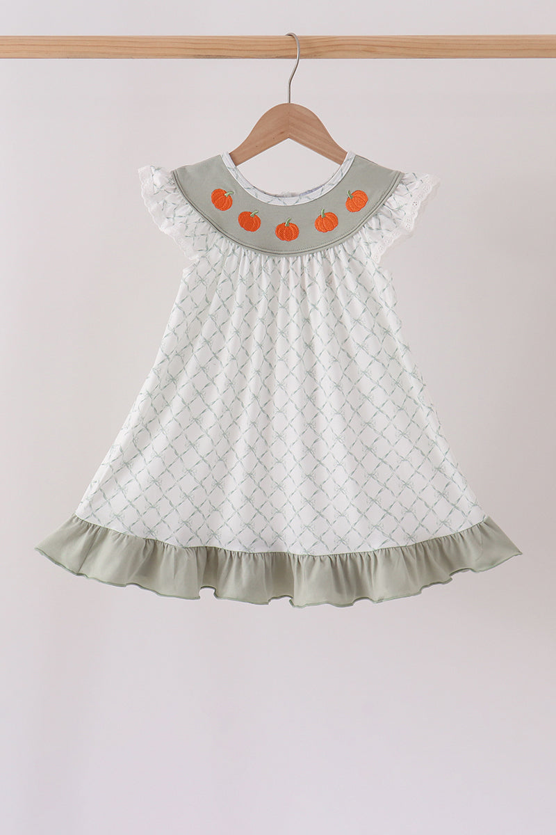 Pumpkin embroidery bow ruffle dress