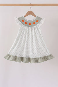 Pumpkin embroidery bow ruffle dress
