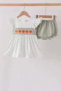 Pumpkin embroidery bow ruffle bloomer set