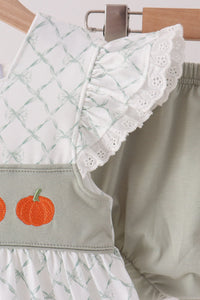 Pumpkin embroidery bow ruffle bloomer set
