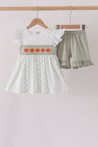 Pumpkin embroidery bow ruffle shorts set