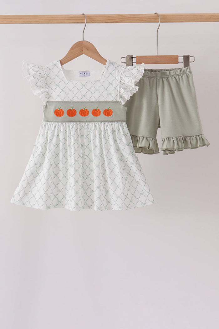 Pumpkin embroidery bow ruffle shorts set