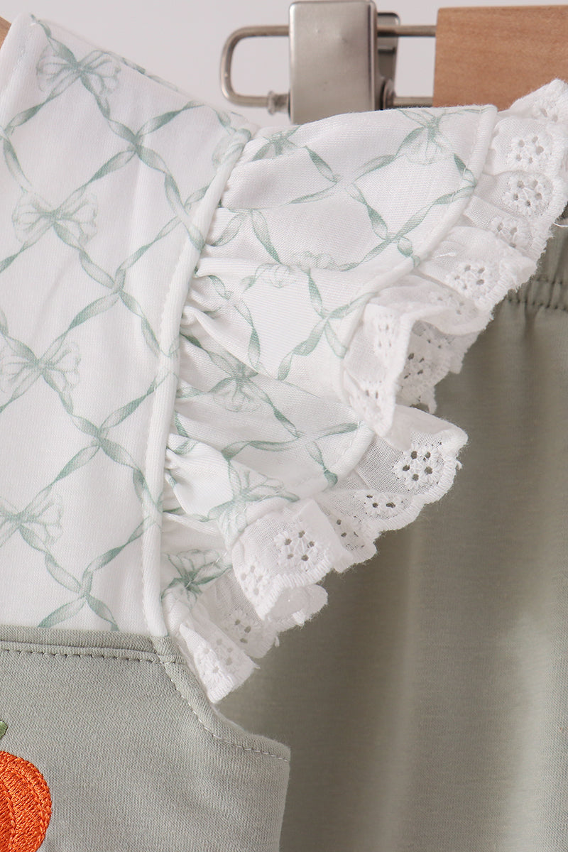 Pumpkin embroidery bow ruffle shorts set