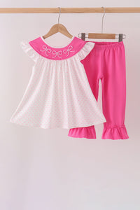 Pink bow pearl ruffle pants set