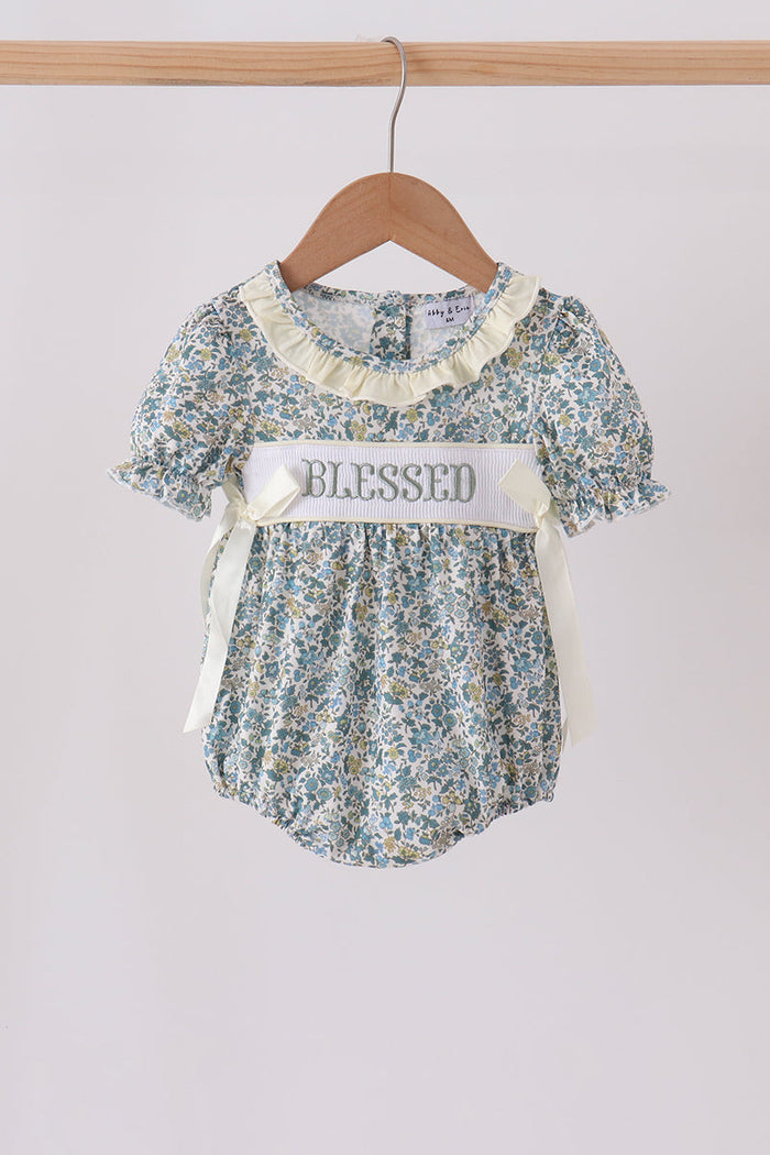 Sage Floral Blessed Smocked Ruffle Bubble