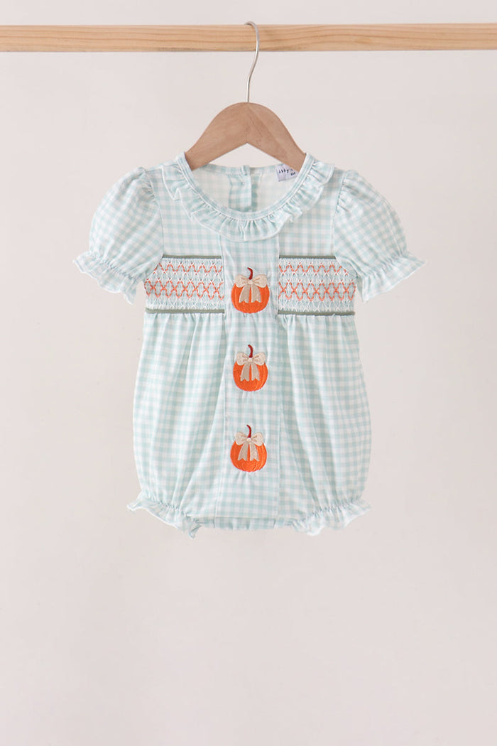 Sage pumpkin smocked gingham bubble