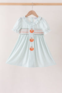 Sage pumpkin smocked gingham dress