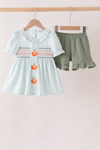 Pumpkin smocked gingham ruffle shorts set