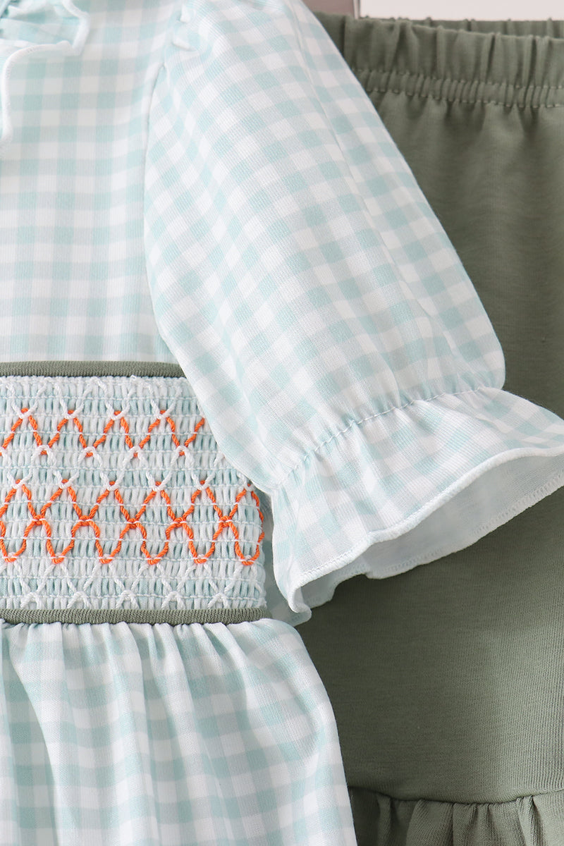 Pumpkin smocked gingham ruffle shorts set