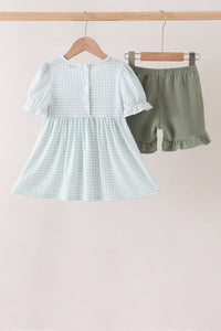 Pumpkin smocked gingham ruffle shorts set