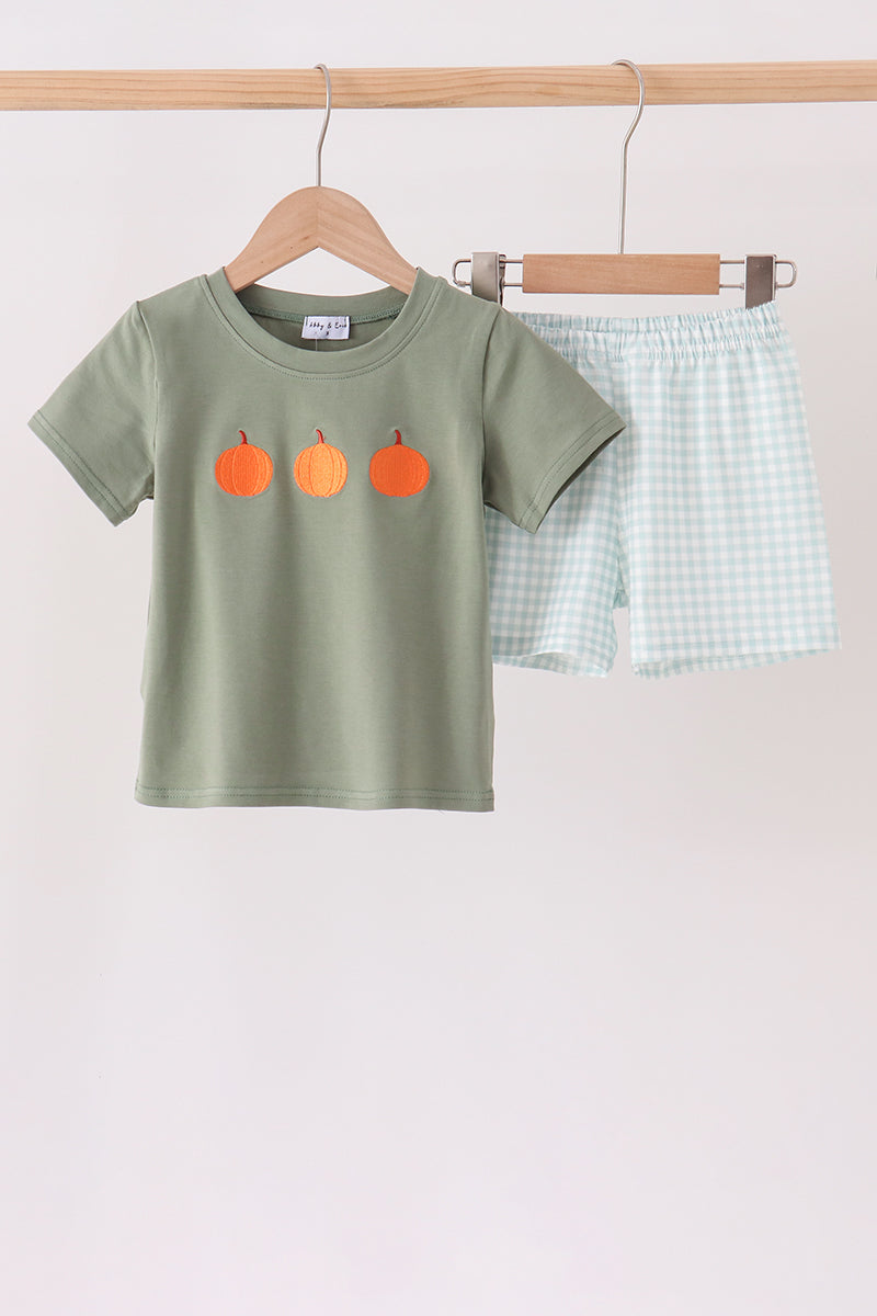 Pumpkin embroidery gingham shorts set