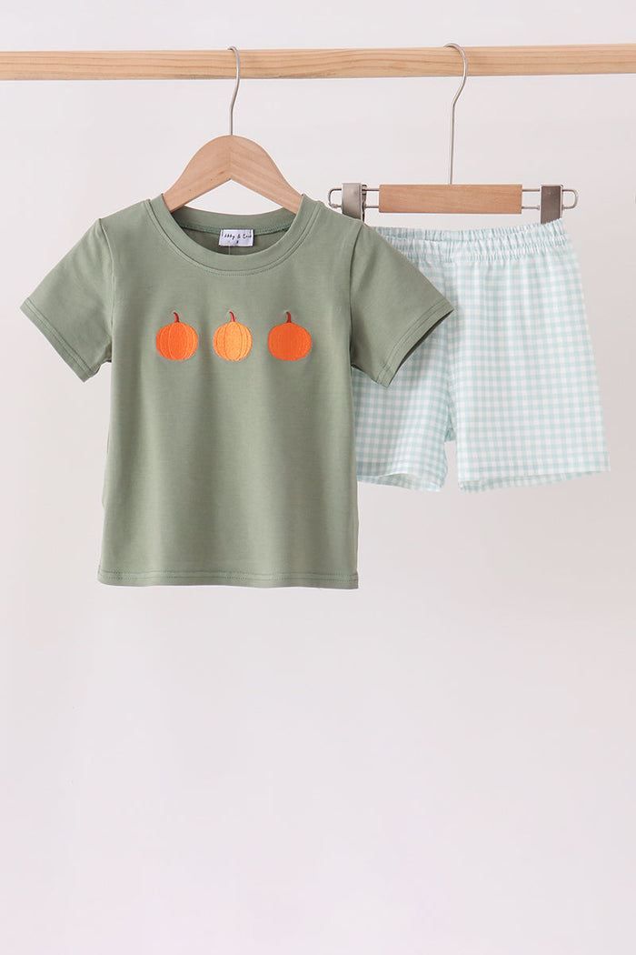 Pumpkin embroidery gingham shorts set