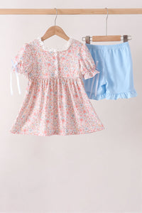 Pumpkin Floral Embroidery Shorts Set
