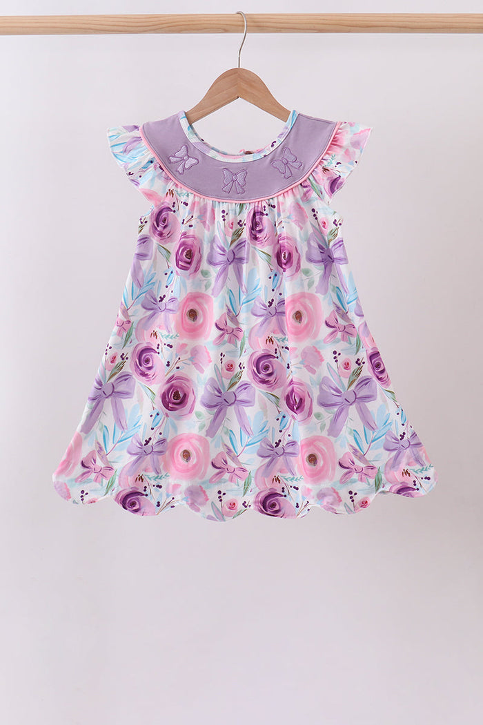 Purple Bow Embroidered Floral Scalloped Dress