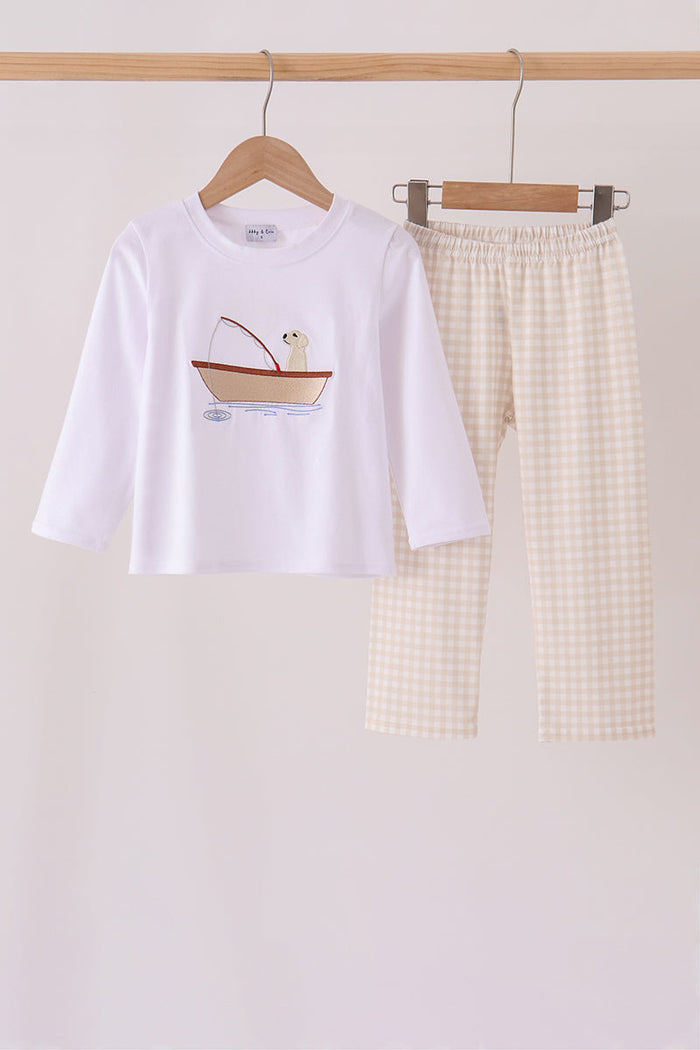 Puppy Fishing Embroidery Pants Set