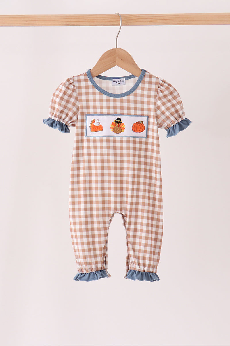 Turkey pumpkin embroidery gingham ruffle romper