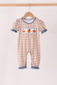 Turkey pumpkin embroidery gingham ruffle romper