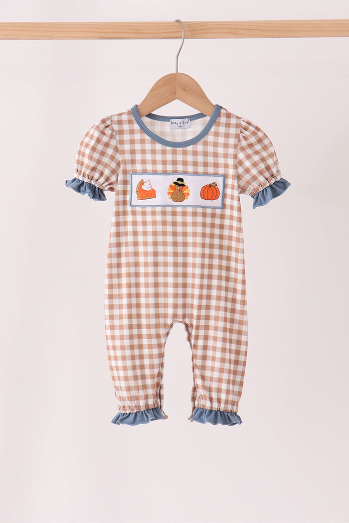 Turkey pumpkin embroidery gingham ruffle romper