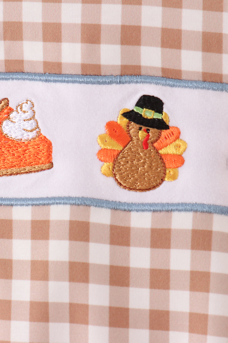 Turkey pumpkin embroidery gingham ruffle romper