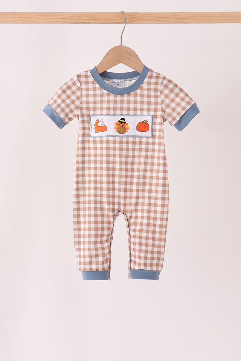 Turkey pumpkin embroidery gingham romper