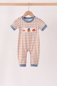 Turkey pumpkin embroidery gingham romper
