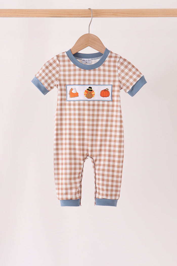 Turkey pumpkin embroidery gingham romper